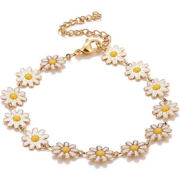 Bracciale Con Catenelle A Margherita Smaltate, Gioielli In Acciaio Inossidabile 304 Con Placcatura Sotto Vuoto Pvd Per Donna, Oro, Bianco, 7-1/4 Pollice (18.4 Cm)-image