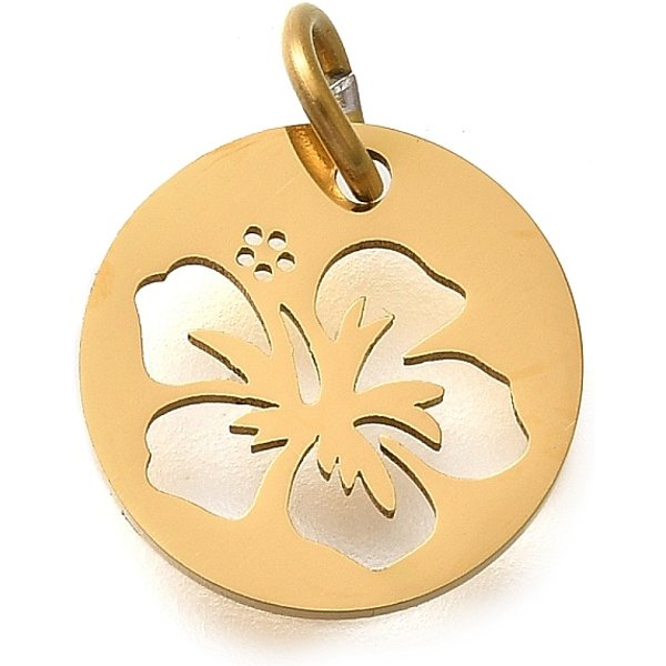 304 Stainless Steel Charms, With Jump Ring, Flat Round With Flower Charm, Laser Cut, Ion Plating(Ip), Real 18K Gold Plated, 11.5X1Mm, Hole: 3Mm-image