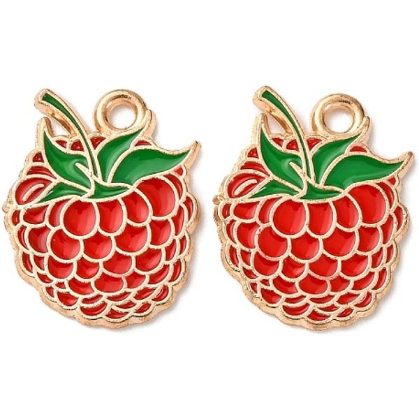 Fruits Alloy Enamel Pendants, Light Gold, Raspberry, 18X14X1Mm, Hole: 1.5Mm-image