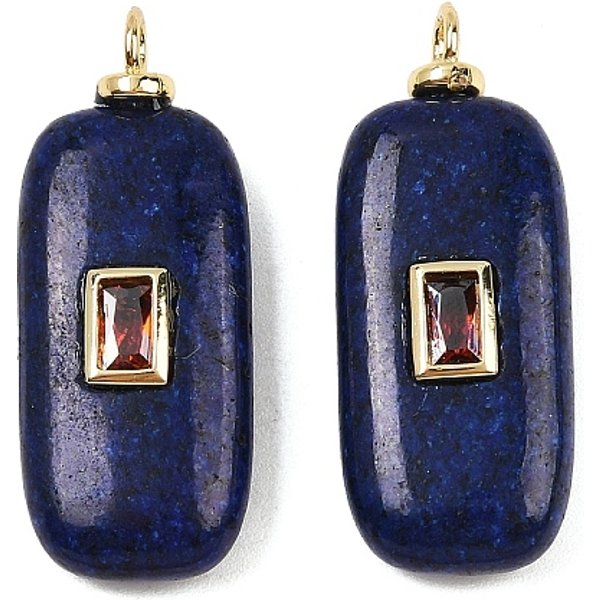 Dyed Natural Sesame Jasper Pendants, Rectangle Charms With Brass Micro Pave Cubic Zirconia Findings, Real 18K Gold Plated, Cadmium Free & Lead Free, Rack Plating, Long-Lasting Plated, Blue, 26-30X12-14X5.5-6Mm, Hole: 2.5Mm-image