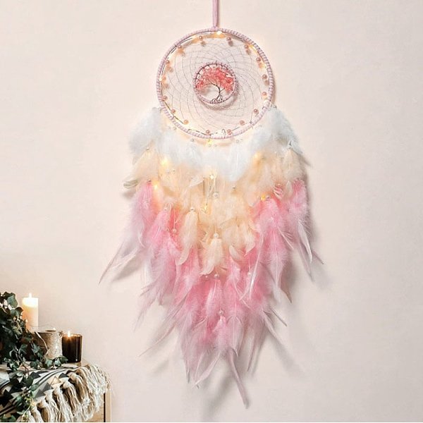 Copeaux De Quartz Rose Naturel Ronds Plats Avec DéCorations Pendentif Arbre De Vie, Filet/Toile Tissé Avec Plume Pour La Maison, Ornements D'intéRieur De Voiture, 480Mm-image