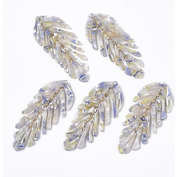Gros pendentifs en acétate de cellulose (résine), avec boucles en fer, feuille, or, colorées, 70-76x29-31x3mm, Trou: 1.2mm
