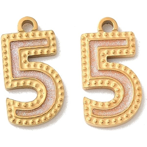 304 Edelstahl-Emaille-AnhäNger, Ionenbeschichtung (Ip), Nummer 5 Charme, Mit Glitzerpulver, Echtes 18K Vergoldet, 14-14.5X7.5-9X1.3 Mm, Bohrung: 1.3 Mm-image