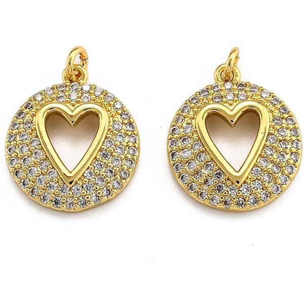 Pendenti In Zirconi Cubici Trasparenti In Micro Pavè Di Ottone, Placcato Di Lunga Durata, Tondo Piatto Con Disegno Cuore, Vero Placcato Oro 18K, 18X15.5X3.3Mm, Foro: 2 Mm, Anello Di Salto: 4X1 Mm-image