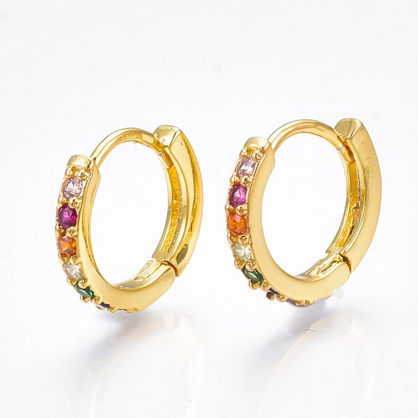 Brass Micro Pave Cubic Zirconia Huggie Hoop Earrings, Ring, Real 18K Gold Plated, 2.5X14Mm, Pin: 1Mm-image