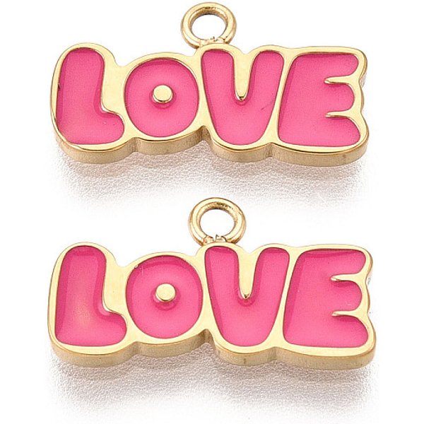 Pendentifs En Acier Inoxydable 304 éMailléS, Mot Amour Breloques, Placage Ionique (Ip), VéRitable 18K Plaqué Or, Rose Chaud, 8X14.5X1Mm, Trou: 1.2-1.4Mm-image