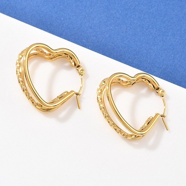 Boucles d'oreilles créoles triple cœur en acier inoxydable 304, placage ionique (ip), véritable 18k plaqué or, 28x24.5-25x8.5-9mm