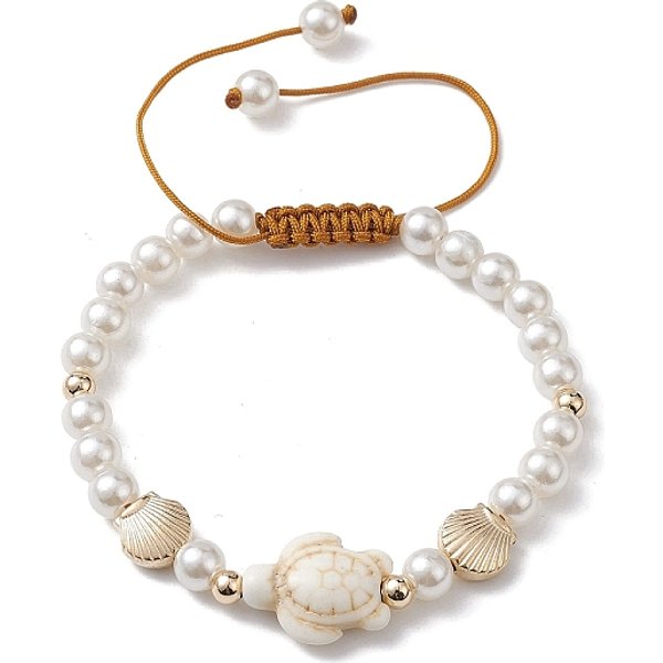 Adjustable Synthetic Turquoise & Abs Plastic Pearl Braided Bead Bracelet, Turtle, Inner Diameter: 2-3-1/2 Inch(5-9Cm)-image