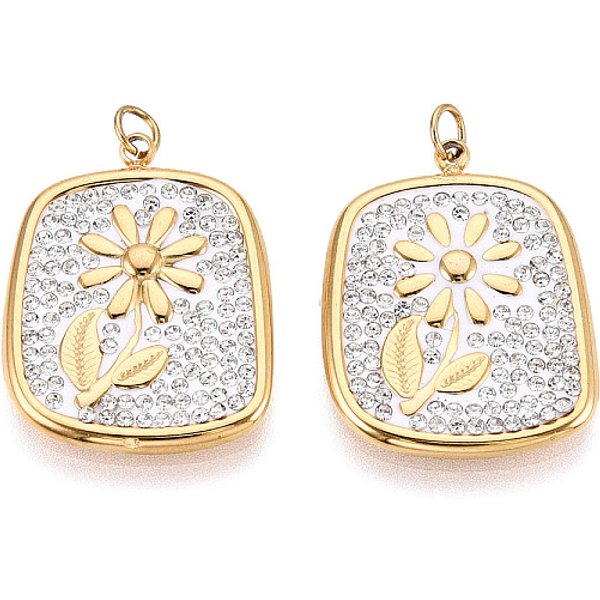 304 Stainless Steel And Polymer Clay Crystal Rhinestone Pendants, With Jump Ring, Ion Plating(Ip), Real 18K Gold Plated, Flower, 23X18X2Mm, Hole: 2.8Mm-image