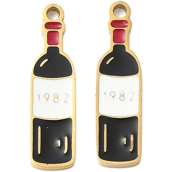 Ciondoli In Acciaio Inox Smaltato 304, Vino Rosso, Placcatura Ionica (Ip), Vero Placcato Oro 18K, Nero, 18X5X1.5Mm, Foro: 1.2 Mm-image
