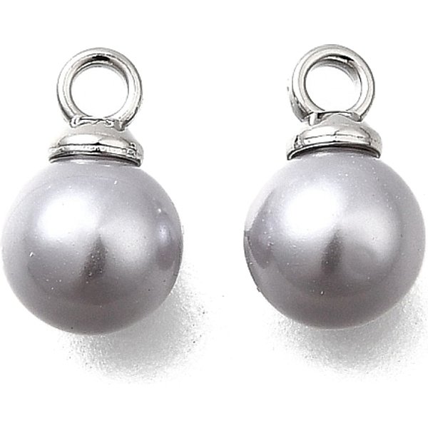 ABS Plastic Pearl Pendants, Round, with Platinum Alloy Loop, Silver, 9.5x6mm, Hole: 1.6mm