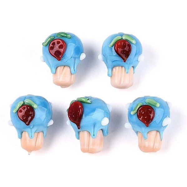Perles BosseléEs En Verre Faites à La Main, GâTeau Aux Fraises, LumièRe Bleu Ciel, 19-20X15-16X14-16Mm, Trou: 0.8-1Mm-image