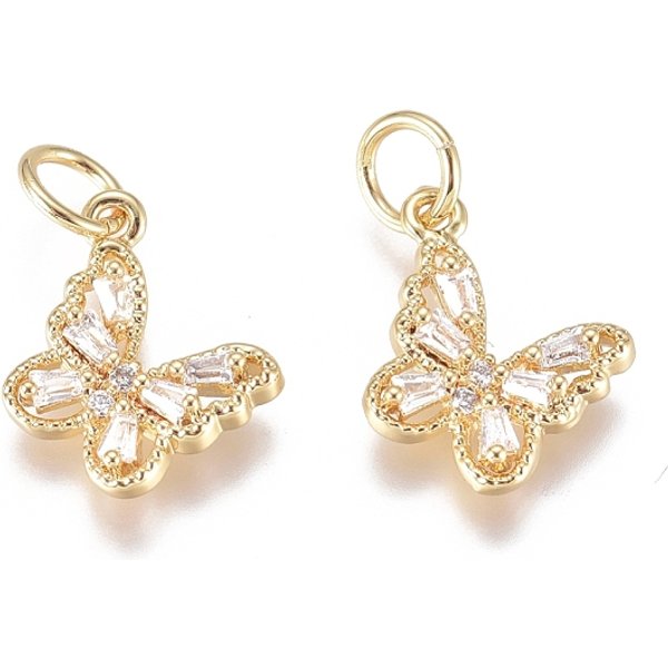 Brass Micro Pave Cubic Zirconia Pendants, With Jump Ring, Long-Lasting Plated, Butterfly, Clear, Golden, 10X11X2Mm, Hole: 1.8Mm-image
