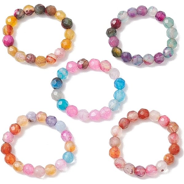 Gefärbte und erhitzte runde natürliche Achatperlen Stretchringe für Damen, Mischfarbe, uns Größe 12 1/4 (21.5mm)