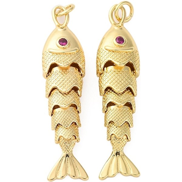 Porte micro ouvrent pendentifs zircone cubique en laiton de placage, breloques de poisson sardine, Plaqué longue durée, sans plomb et sans cadmium, véritable 18k plaqué or, 41x10x7mm, Trou: 3.5x2mm