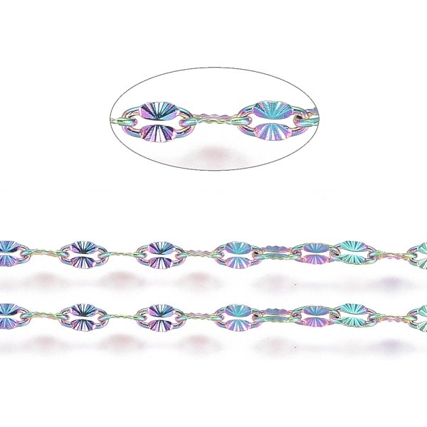 Ion Plating(Ip) 304 Stainless Steel Textured Dapped Chains, Cable Chains, Soldered, Flat Oval, Rainbow Color, 4X2X0.5Mm, About 32.8 Feet(10M)/Roll-image