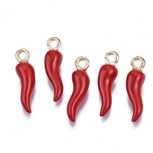 Pendente Smaltati In Lega, Cadmio & Nichel &Piombo Libero, Oro Chiaro, Caldo Corno Dell'abbondanza/Ciondoli Cornicello Corno Italiano, Rosso, 21X6X6Mm, Foro: 2 Mm-image
