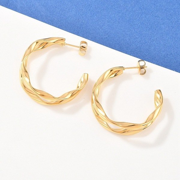 304 Stainless Steel Two-layer C-Shaped Stud Earrings, Manual Polishing, Ion Plating(IP), Real 18K Gold Plated, 32x12mm