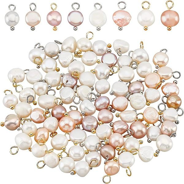 Nbeads 80 Pcs 4 Styles Freshwater Pearl Pendants Charms, Oval Shape Freshwater Pearl Pendants White Pink Pearl Charms With Golden Brass Loops For Necklace Earrings Jewelry Making-image