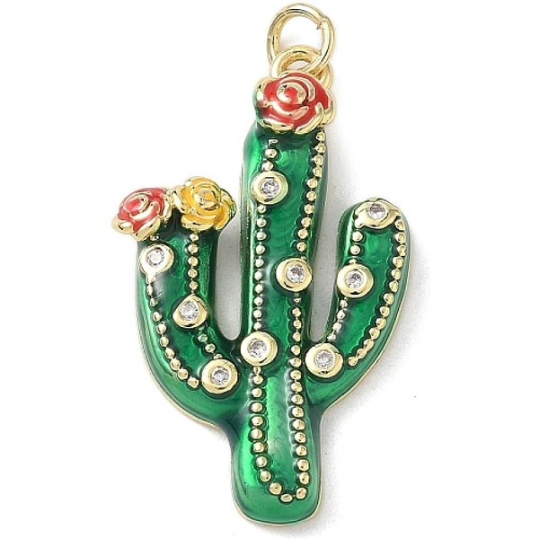 Brass Enamel Pendants, Micro Pave Cubic Zirconia Cactus Shape Charms, Rack Plating, Cadmium Free & Lead Free, Long-Lasting Plated, Real 18K Gold Plated, with Jump Ring, Green, 30.5x18.5x4.5mm, Hole: 3.5mm