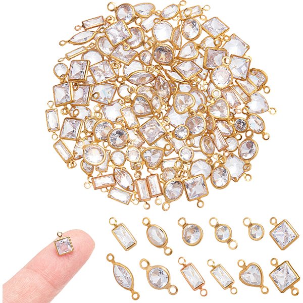 120Pcs 12 Styles Brass Clear Cubic Zirconia Connector Charms, Mixed Color, 7.5-14x3.5-7x1.5-3mm, Hole: 1-1.5mm, 10pcs/style