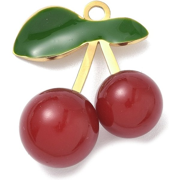 Acier inoxydable 304 avec pendentifs en acrylique cerise, véritable 18k plaqué or, firebrick, 31x25x13.5mm, Trou: 2.7mm