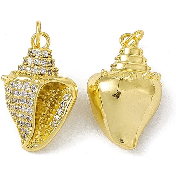 Rack Plating Brass Micro Pave Cubic Zirconia Pendants, With Jump Ring, Real 18K Gold Plated, Long-Lasting Plated, Cadmium Free & Nickel Free & Lead Free, Conch Charm, Clear, 22X14X10.5Mm, Jump Ring: 5X0.9Mm, Inner Diameter: 3.2Mm-image