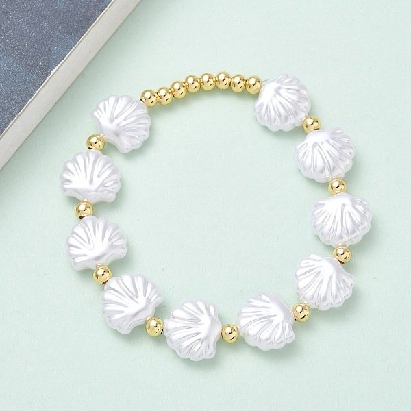 Brass & Plastic Beaded Stretch Bracelets For Women, Shell Shape, Rack Plating, Lead Free & Cadmium Free, Long-Lasting Plated, Real 18K Gold Plated, White, Inner Diameter: 2 Inch(5Cm)-image