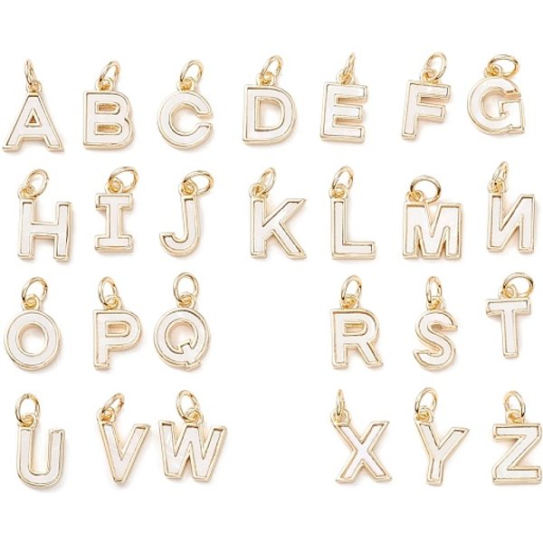 Rack Plating Brass Letter Pendants, with Jump Rings, Real 18K Gold Long-Lasting Plated, Lead-Free and Cadmium Free, Embedded White PVC, Alphabet, Letter A-Z, 11-12x5.5-10x2mm, Hole: 3.6mm, 26pcs/set