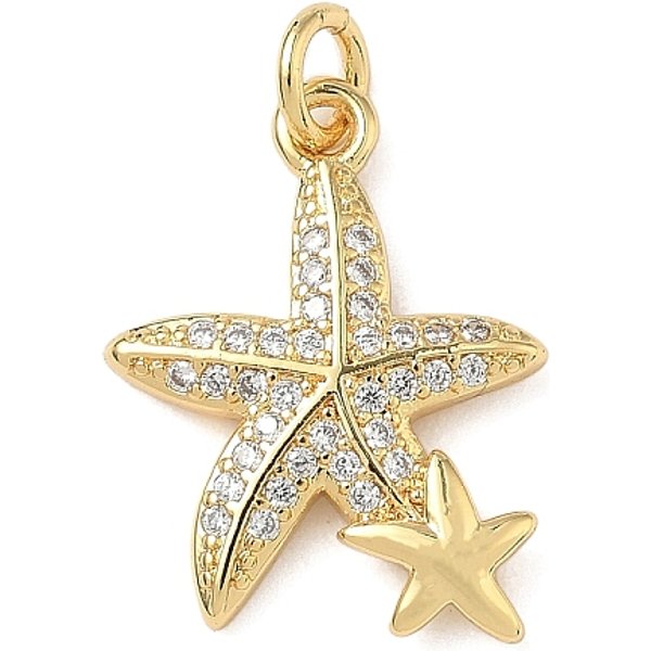 Colgante Micropavé Cubic Zirconia De LatóN, Sin Plomo Y Cadmio, Plateado De Larga DuracióN, Chapado En Rack, Real 18K Chapado En Oro, Con Anillo De Salto, Estrella De Mar, 21X15X2.5Mm, Agujero: 3 Mm-image