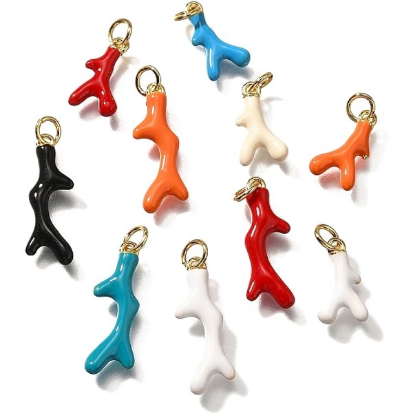 Pendentifs D'éMail En Laiton , Avec Anneau De Jonction, Breloques Corail, Sans Cadmium Et Sans Plomb, Durable Plaqué, VéRitable 18K Plaqué Or, Couleur Mixte, 14.5X8X3Mm, Trou: 3Mm-image