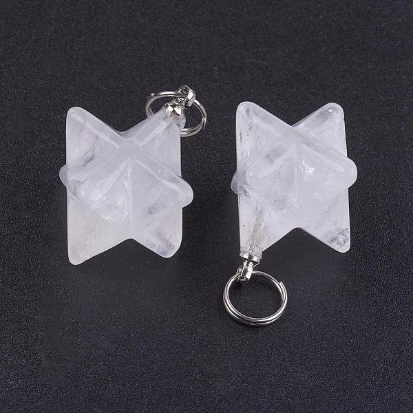 Pendentifs De Cristal De Quartz Naturel, Pendentifs En Cristal De Roche, Avec 201 Anneaux Fendus En Acier Inoxydable, Couleur Inoxydable, Merkaba Star, 22-23X16.5-17X19Mm, Trou: 6Mm-image