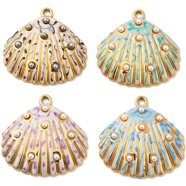 Pendentifs En Acier Inoxydable 304, Avec Des Perles En éMail Et En Coquillage, Breloques En Forme De Coquillage, VéRitable 18K Plaqué Or, Sans Cadmium & Sans Nickel & Sans Plomb, Couleur Mixte, 29X29.5X3.5Mm, Trou: 2Mm-image