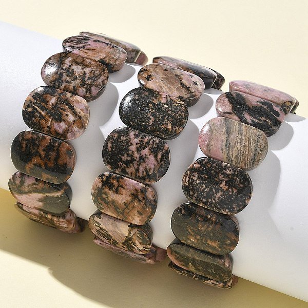 Natural Rhodonite Beads Stretch Bracelets For Women Men, Rectangle, 1 Inch(2.4Cm), Inner Diameter: 2-1/2 Inch(6.45Cm)-image