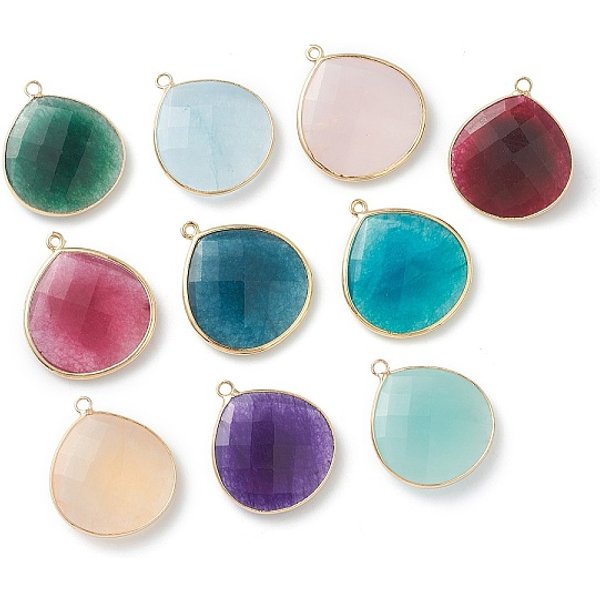 Pendentifs pierres précieuses naturelles mixtes, avec bord en laiton doré, facette, larme, 28x24x6.5mm, Trou: 1.8mm