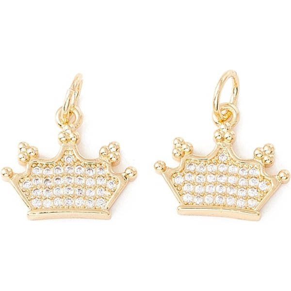 Colgantes De Circonita CúBica Transparente Micro Pavé De LatóN Chapado En Rack, Con Anillos De Salto, Plateado De Larga DuracióN, Sin Plomo Y Cadmio, Corona, Real 18K Chapado En Oro, 14X16X2.5Mm, Agujero: 4 Mm-image