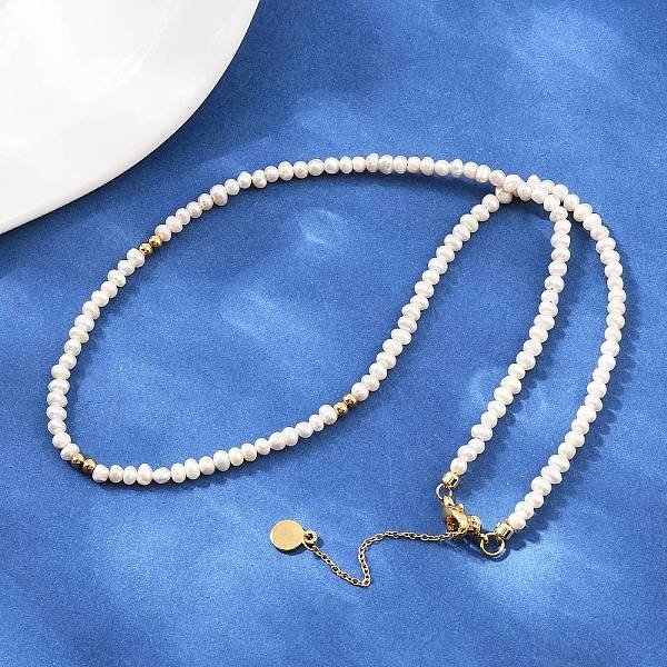 Natural Freshwater Pearl Potato & Brass Beaded Necklaces, Cadmium Free & Lead Free, Rack Plating, Long-Lasting Plated, White, Real 18K Gold Plated, 16.34 Inch(41.5Cm)-image
