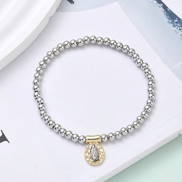 Brass Oval Charms Bracelets, Brass Round Beaded Stretch Bracelets For Women, Rack Plating, Long-Lasting Plated, Lead Free & Cadmium Free, Real Gold Plated & Real Platinum Plated, Jesus, Inner Diameter: 1-7/8 Inch(4.8Cm)-image
