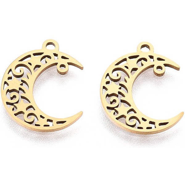 201 Stainless Steel Charms, Moon, Laser Cut, Ion Plating(IP), Real 18K Gold Plated, 15x12x1mm, Hole: 1.2mm
