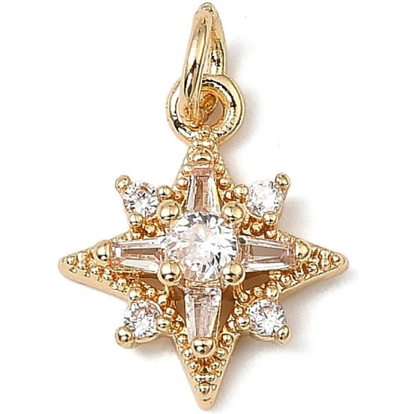 Brass Micro Pave Cubic Zirconia Charms, Real 14K Gold Plated, With Jump Ring, Star, 14.5X12X4Mm, Hole: 3.2Mm-image