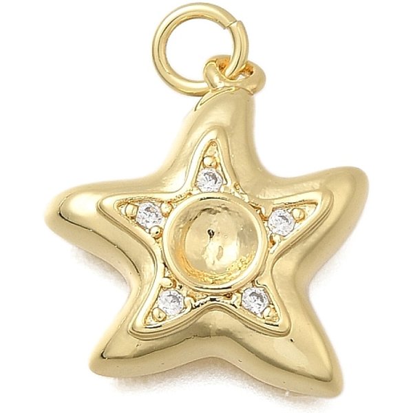 Messing Mikro Ebnen Zirkonia AnhäNger, Cadmiumfrei Und Bleifrei, Echtes 18K Vergoldet, Gestell, Langlebig Plattiert, Mit Sprungring, Seestern, 18.5X16.5X4.5 Mm, Bohrung: 3.2 Mm-image