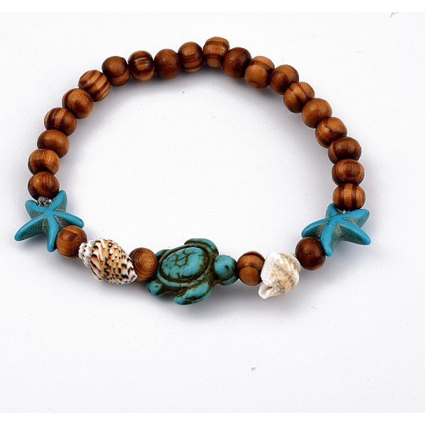 Bracciali Tondi In Legno Elasticizzato, Con Turchesi Sintetico Tinto E Conchiglie A Spirale, Tartaruga E Stelle Marine / Stelle Marine, 2-1/8 Pollice (5.3 Cm)-image