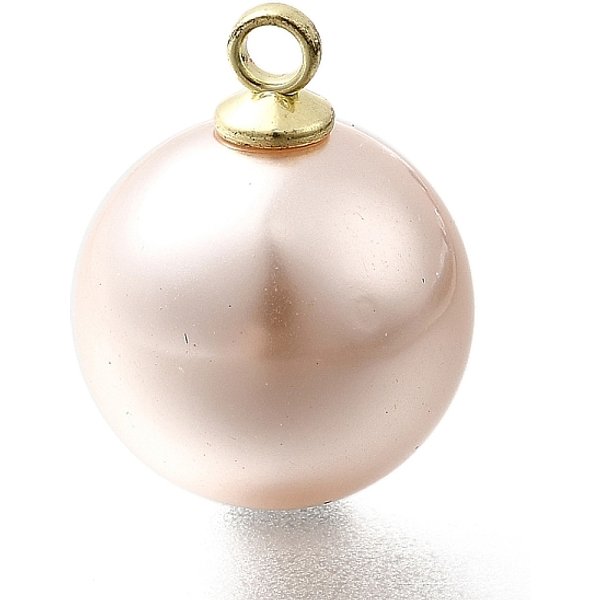 ABS Plastic Pearl Pendants, Round, with Light Gold Alloy Loop, Floral White, 18x13.5mm, Hole: 1.8mm