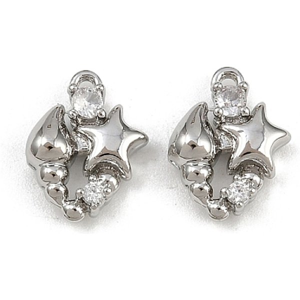 Brass Micro Pave Cubic Zirconia Pendants, Star Charms, Platinum, 12.5x9.5x3.5mm, Hole: 1mm