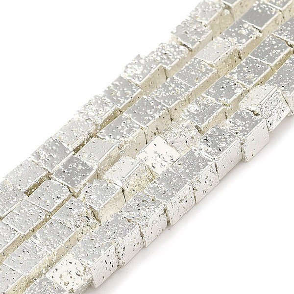 Fili Di Perle Di Roccia Lavica Naturale Elettrodeposta, Cubo, Argento Placcato, 4-4.5X4X4Mm, Foro: 1.2 Mm, Circa 93Pcs/Filo, 15.75 Pollice (40 Cm)-image