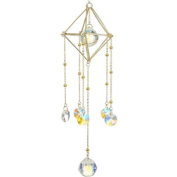 Runde Glaskugel Mit HäNgenden AnhäNgerdekorationen Aus Messingketten, Mit 304 Edelstahl-ZubehöR, SonnenfäNger FüR Partyfenster, Wanddekorationen, Golden, 286 Mm-image