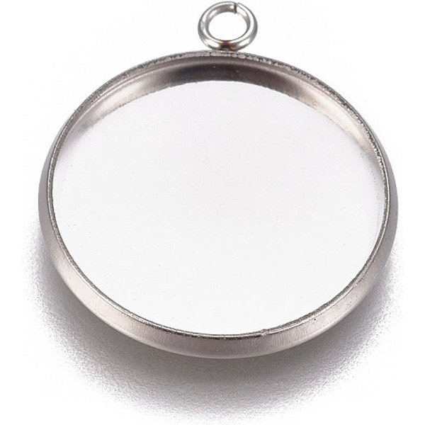 Non-Tarnish 304 Stainless Steel Pendant Cabochon Settings, Plain Edge Bezel Cups, Flat Round, Stainless Steel Color, Tray: 16Mm, 20.5X17.5X2Mm, Hole: 1.8Mm-image