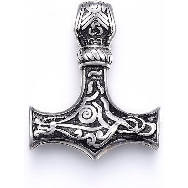 AnhäNger Aus Edelstahl 304, Thors Hammer, Antik Silber Farbe, 37X30X9 Mm, Bohrung: 5 Mm-image
