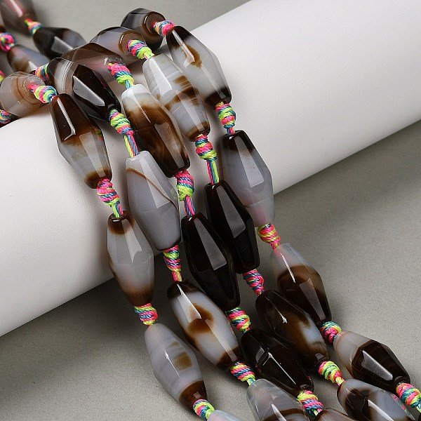 Natural Banded Agate Beads Strands, Dyed & Heated, Faceted, Bicone, Coconut Brown, 20-23x10.5mm, Hole: 2mm, about 20pcs/strand, 17.91-18.50''(45.5-47cm)