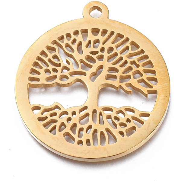 Pendentifs En Acier Inoxydable 304 Avec Placage Ionique (Ip), Polissage Manuel, Plat Et Circulaire Avec Arbre De Vie, Or, 28.5X25.5X1.2Mm, Trou: 2Mm-image